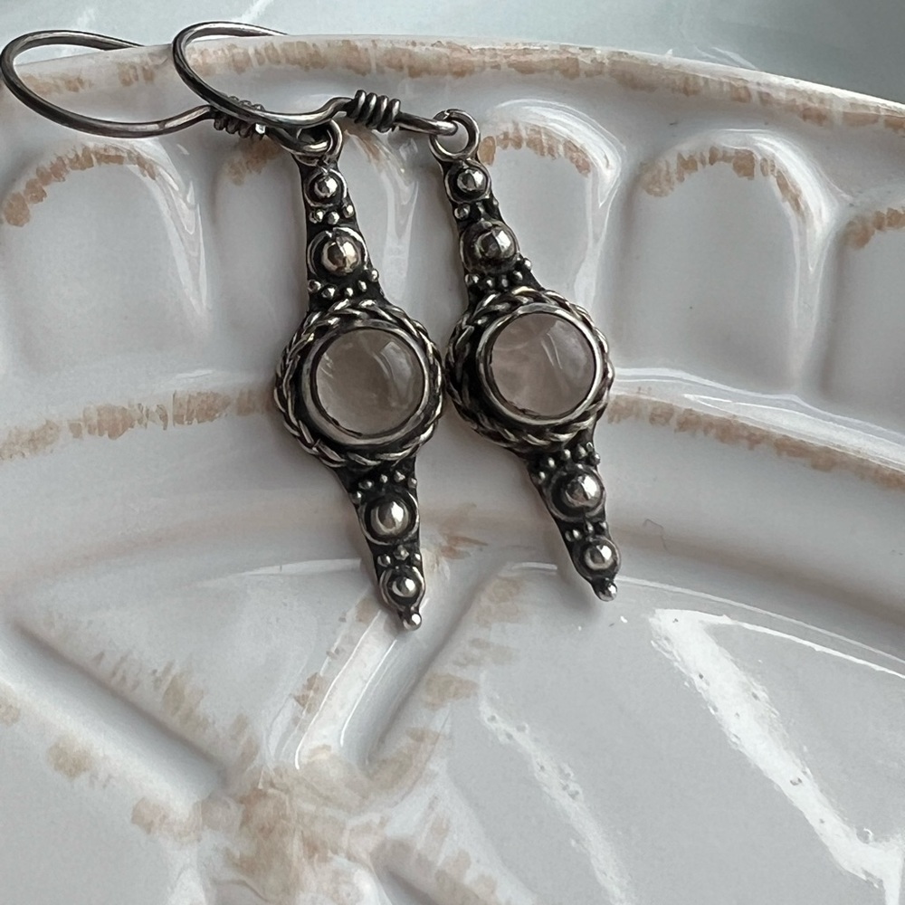 Dangle Earrings Vintage Sterling Silver Pink Cabochon Stone NOS